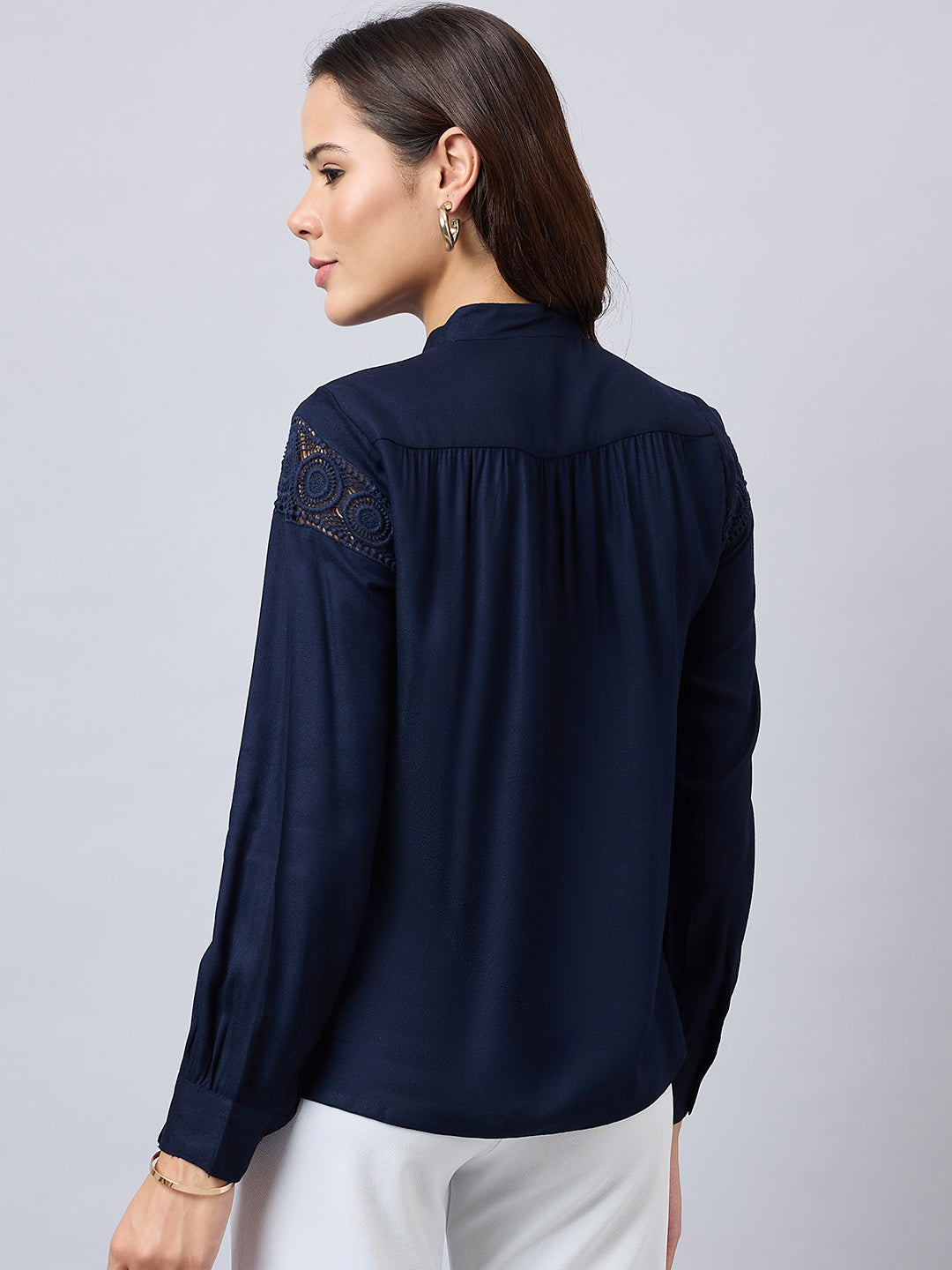 Style Quotient Women Solid Full Sleeve Shirt with Lace Incert Details.