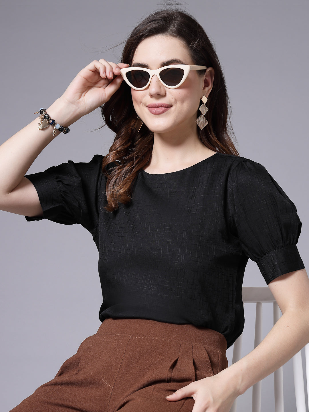 Style Quotient Women Black Solid Polyester Regular Smart Formal Top