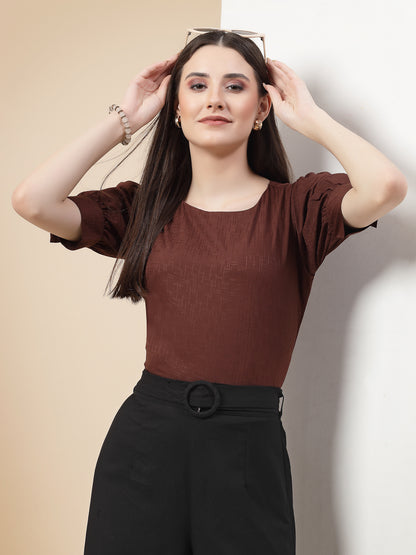 Style Quotient Women Brown Solid Polyester Regular Smart Casual Top