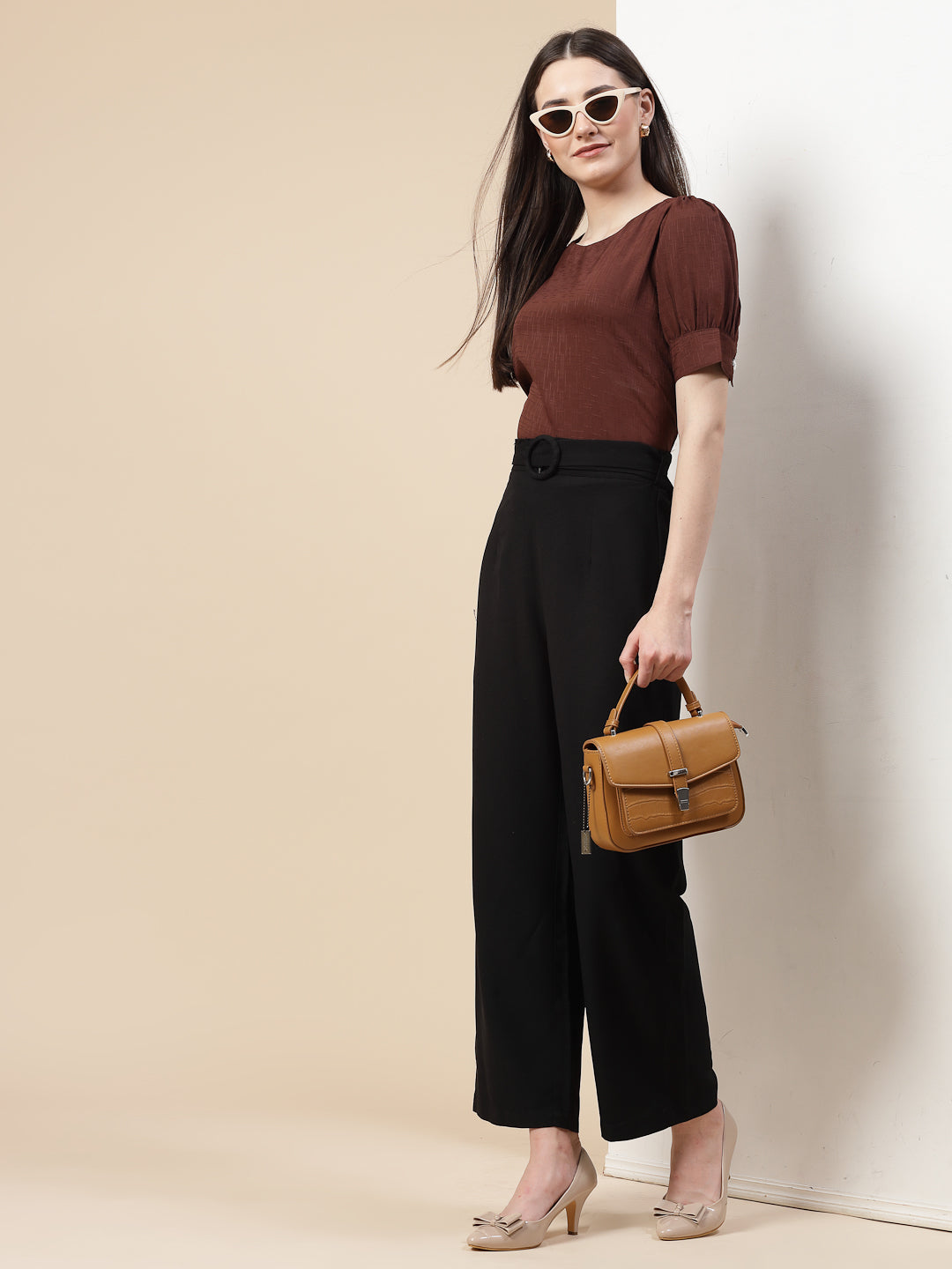 Style Quotient Women Brown Solid Polyester Regular Smart Casual Top