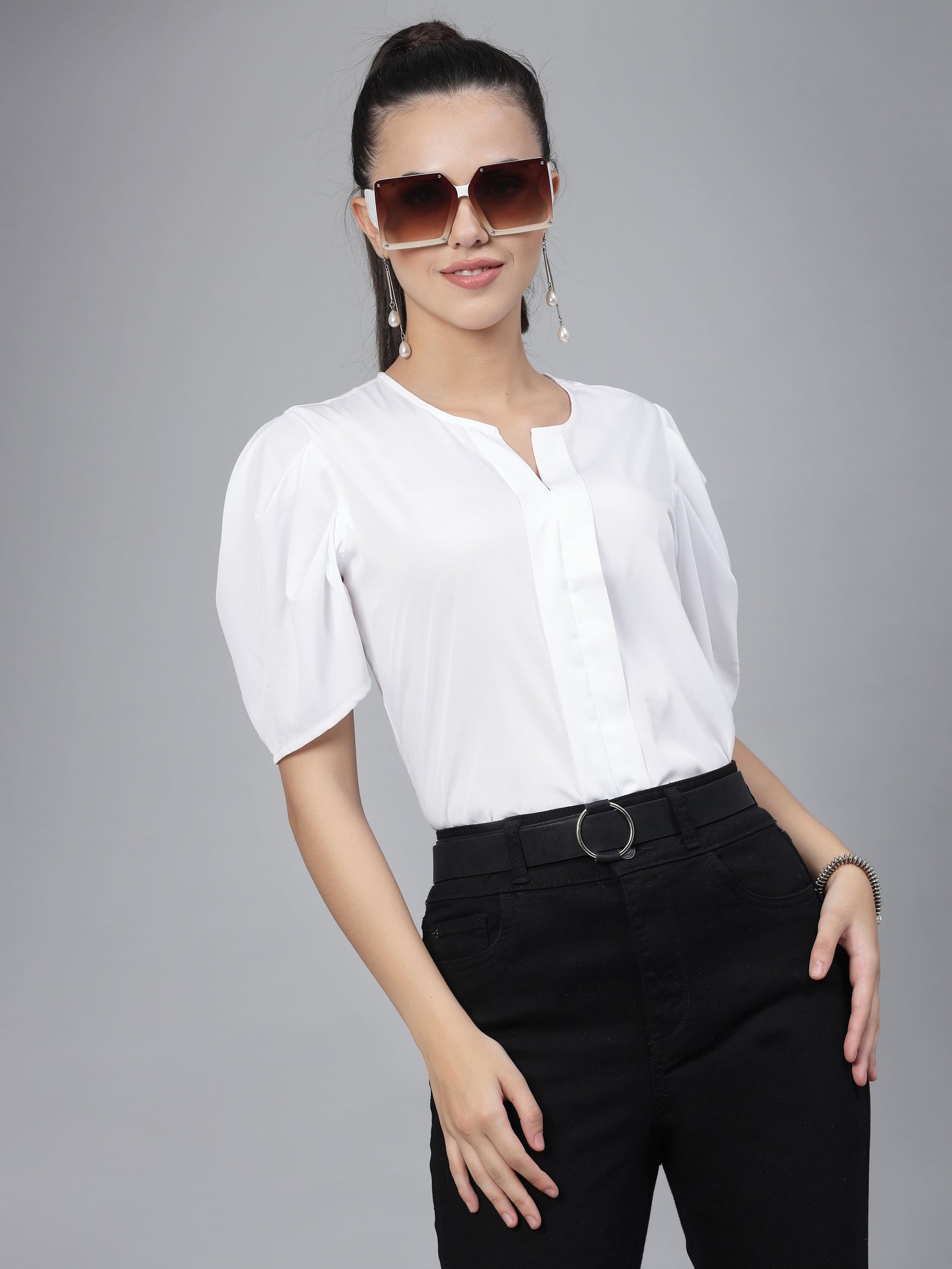 Style Quotient Women White Solid Polyester Regular Formal Top