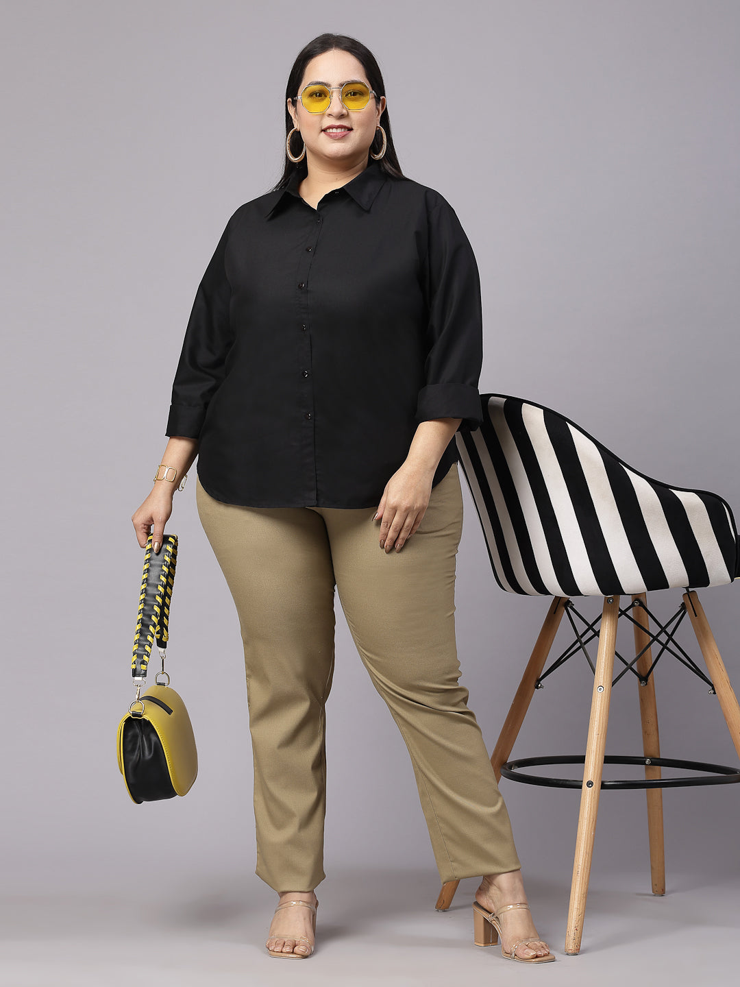 Style Quotient Women Black Plus Size Classic Smart Formal Shirt