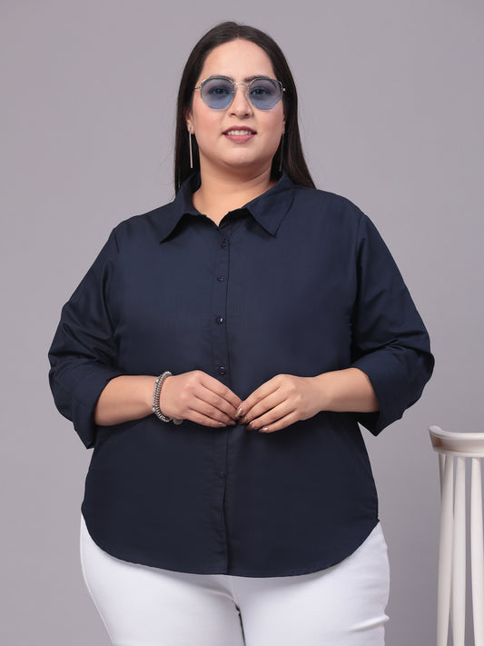 Style Quotient Women Navy Blue Plus Size Classic Smart Formal Shirt