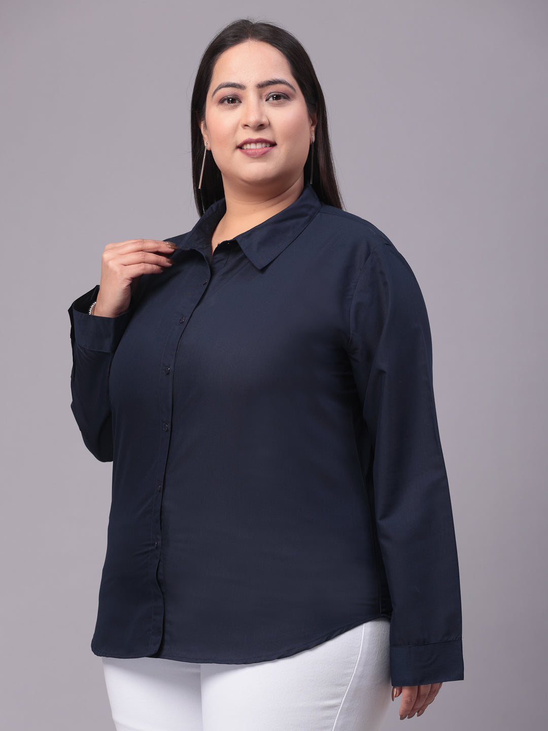 Style Quotient Women Navy Blue Plus Size Classic Smart Formal Shirt