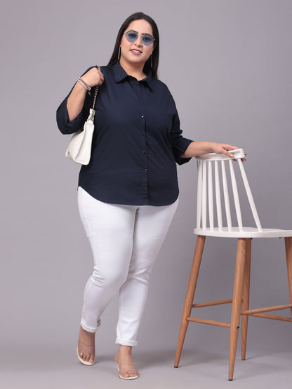 Style Quotient Women Navy Blue Plus Size Classic Smart Formal Shirt