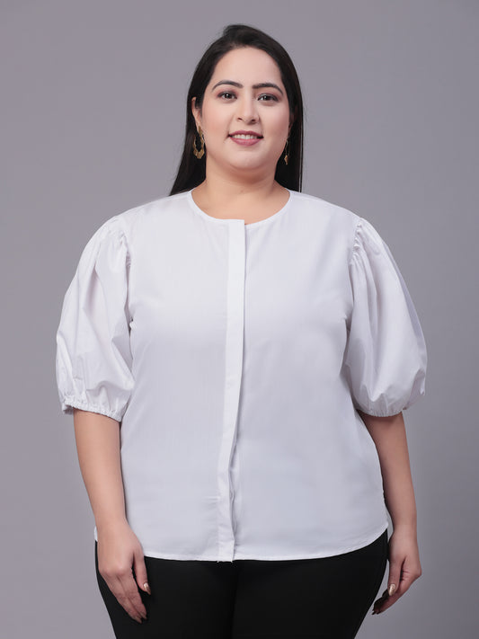 Style Quotient Women White Smart Opaque Collarless Puff Sleeves Cotton Formal Shirt