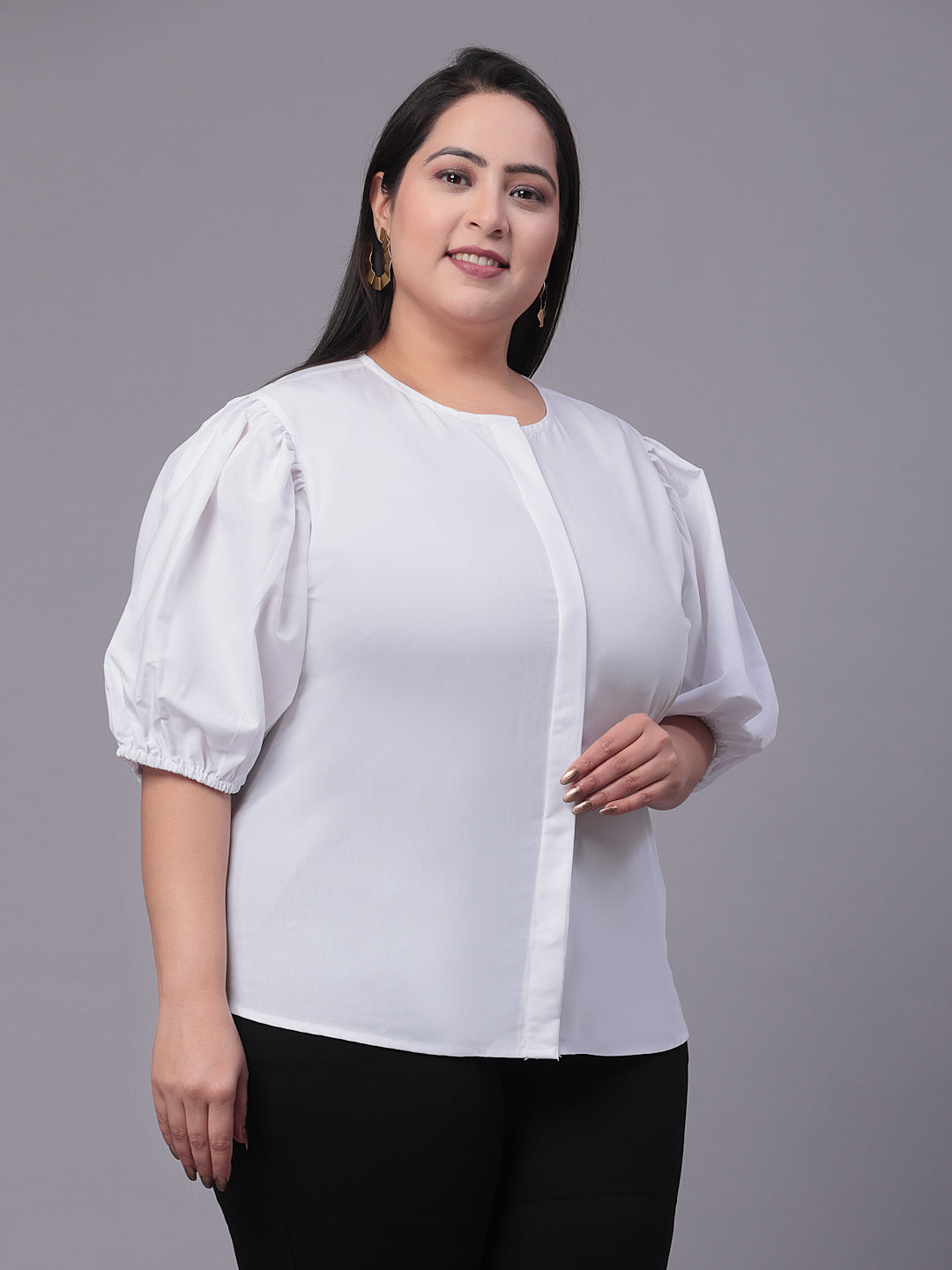 Style Quotient Women White Smart Opaque Collarless Puff Sleeves Cotton Formal Shirt