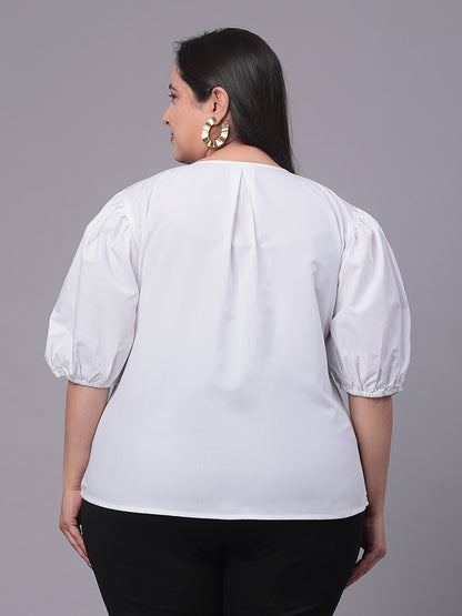 Style Quotient Women White Smart Opaque Collarless Puff Sleeves Cotton Formal Shirt