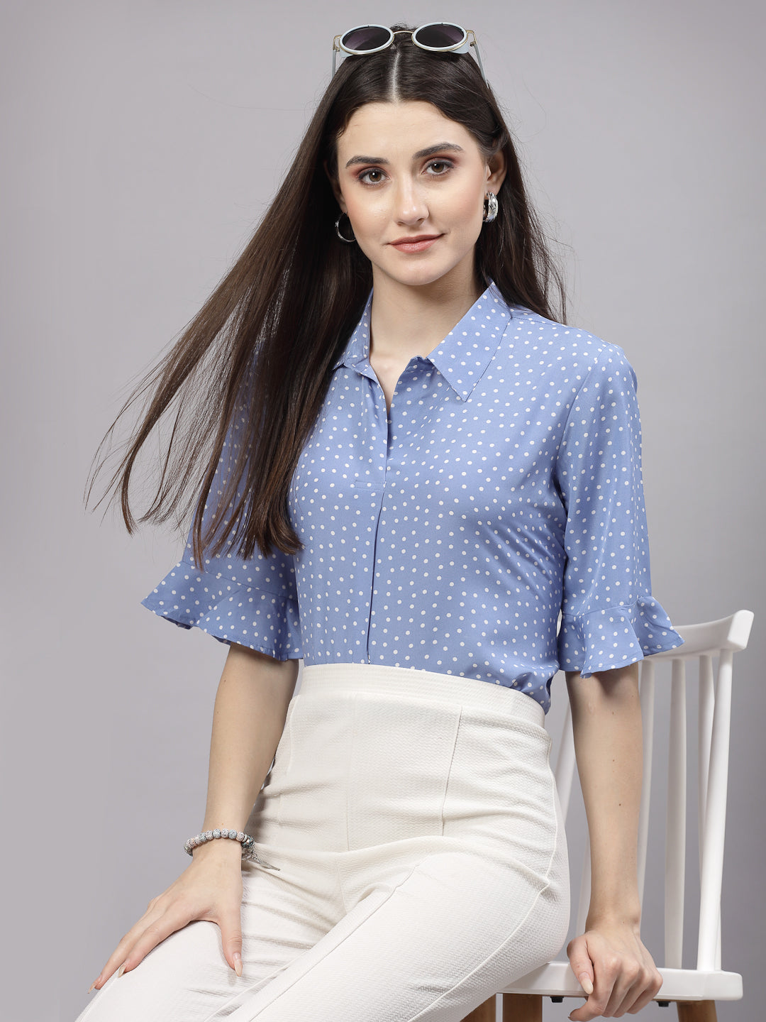 Style Quotient Women Smart Blue & White Polka Dot Flare Sleeve Top