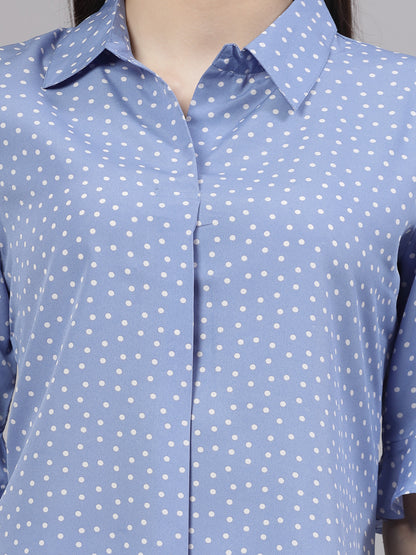 Style Quotient Women Smart Blue & White Polka Dot Flare Sleeve Top