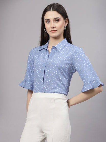 Style Quotient Women Smart Blue & White Polka Dot Flare Sleeve Top