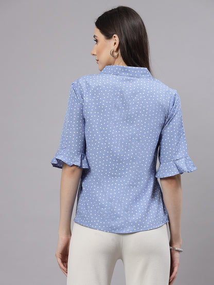 Style Quotient Women Smart Blue & White Polka Dot Flare Sleeve Top