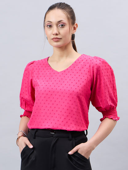 Style Quotient Womens Solid V-neck Puff Sleeve Top