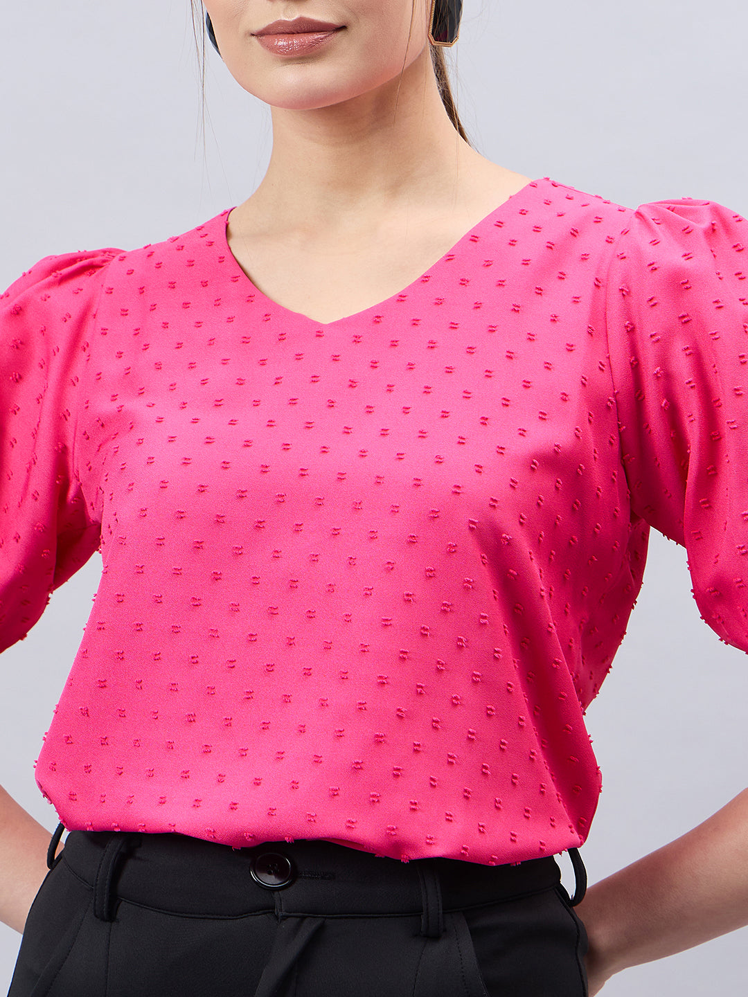 Style Quotient Womens Solid V-neck Puff Sleeve Top