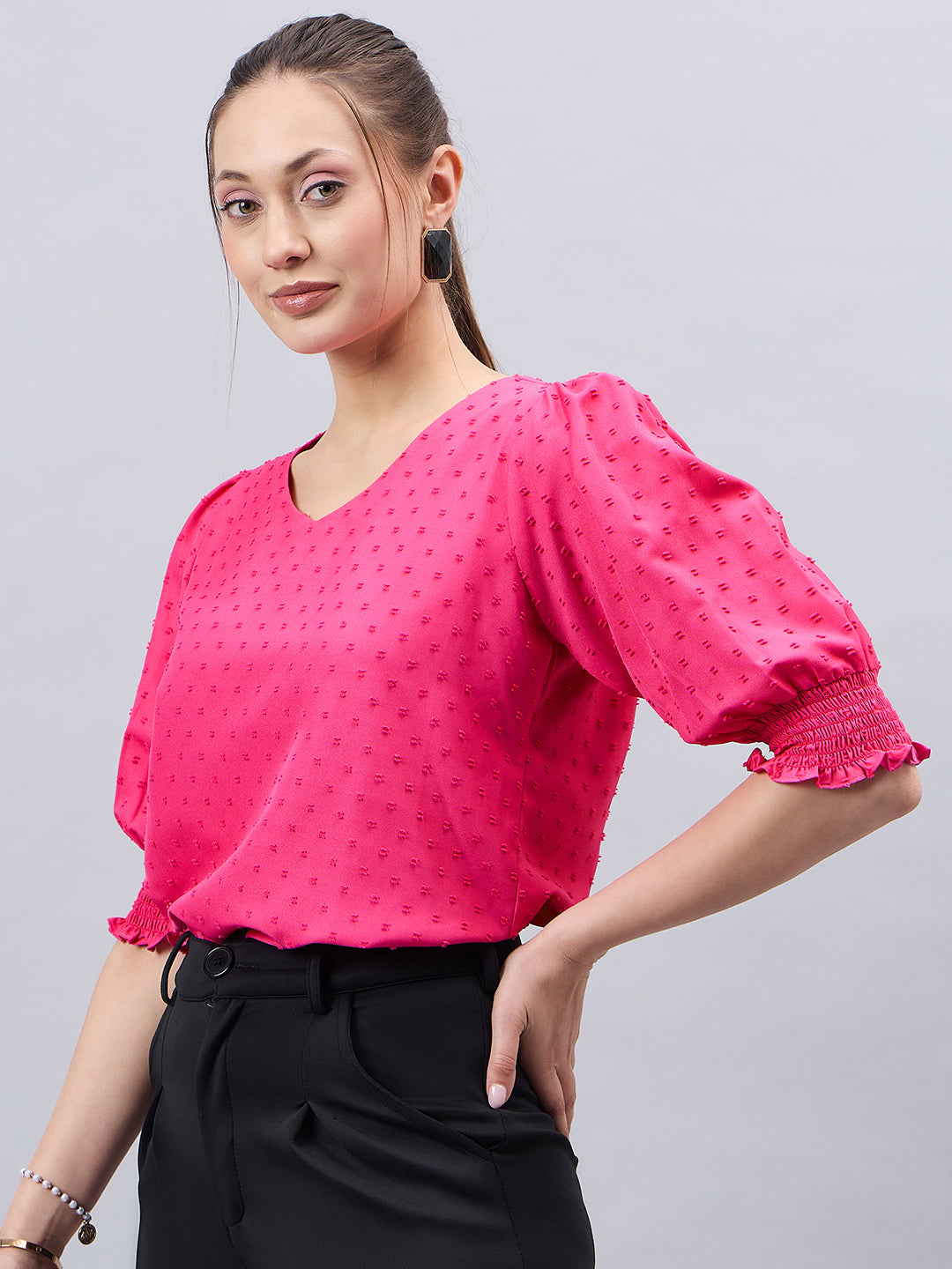 Style Quotient Womens Solid V-neck Puff Sleeve Top