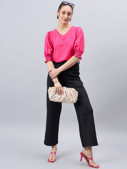 Style Quotient Womens Solid V-neck Puff Sleeve Top