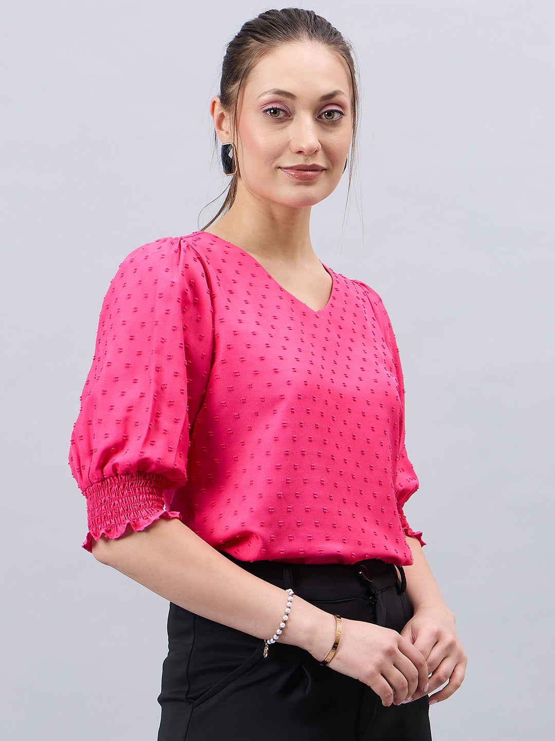 Style Quotient Womens Solid V-neck Puff Sleeve Top