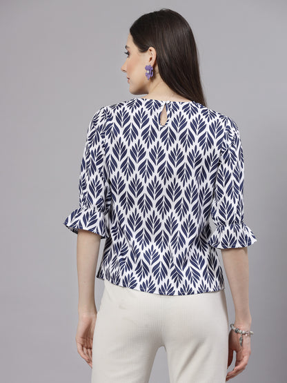 Style Quotient Women Navy and White Damask Printed Smart Casual Top