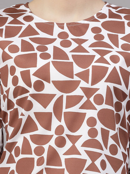 Style Quotient Women Brown and White Geometric Printed Smart Casual Top