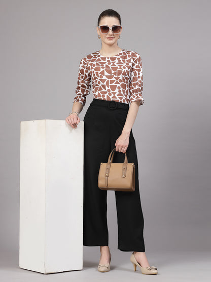 Style Quotient Women Brown and White Geometric Printed Smart Casual Top