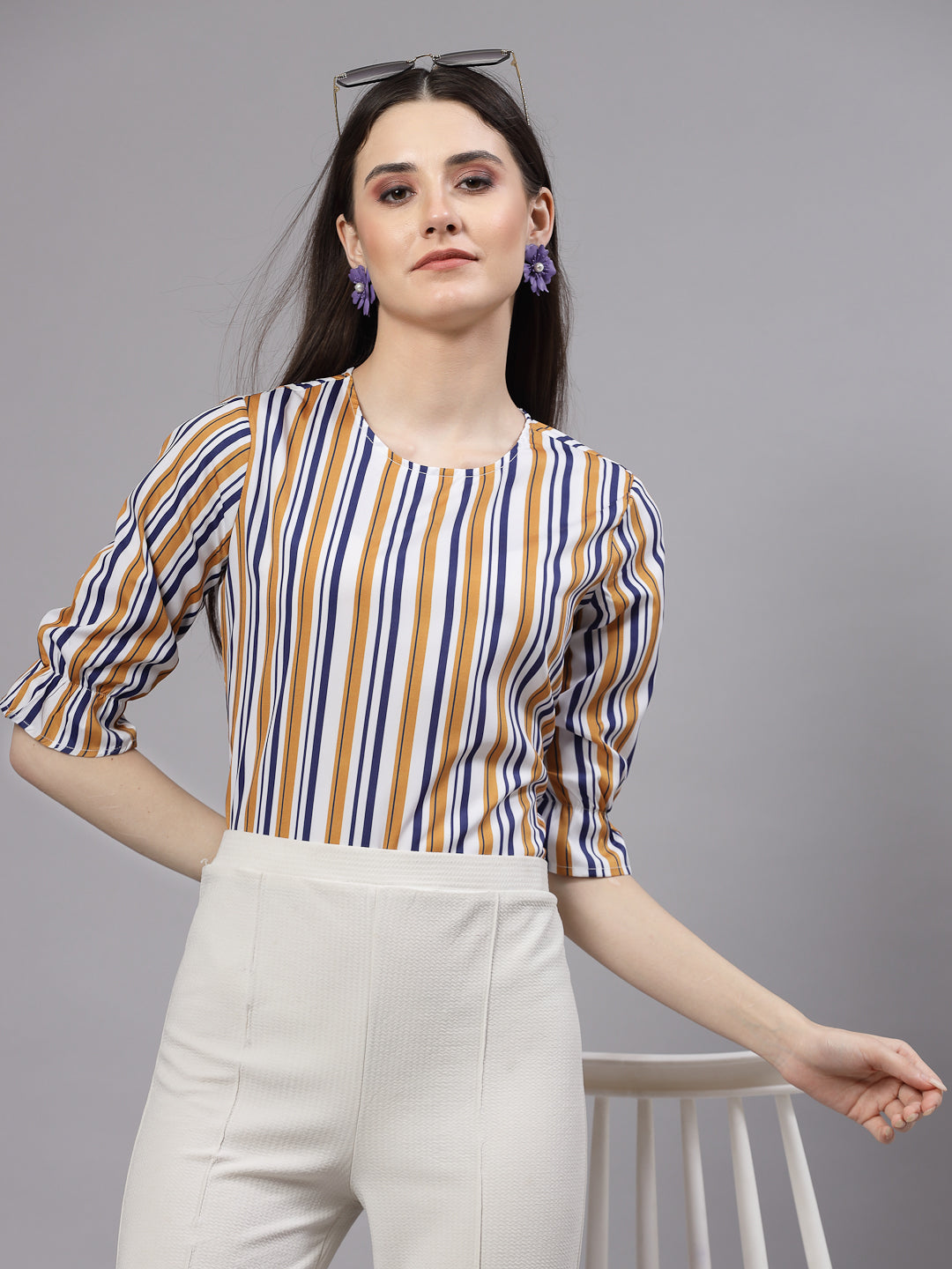 Style Quotient Women Mustard and Navy Striped Regular Casual Top