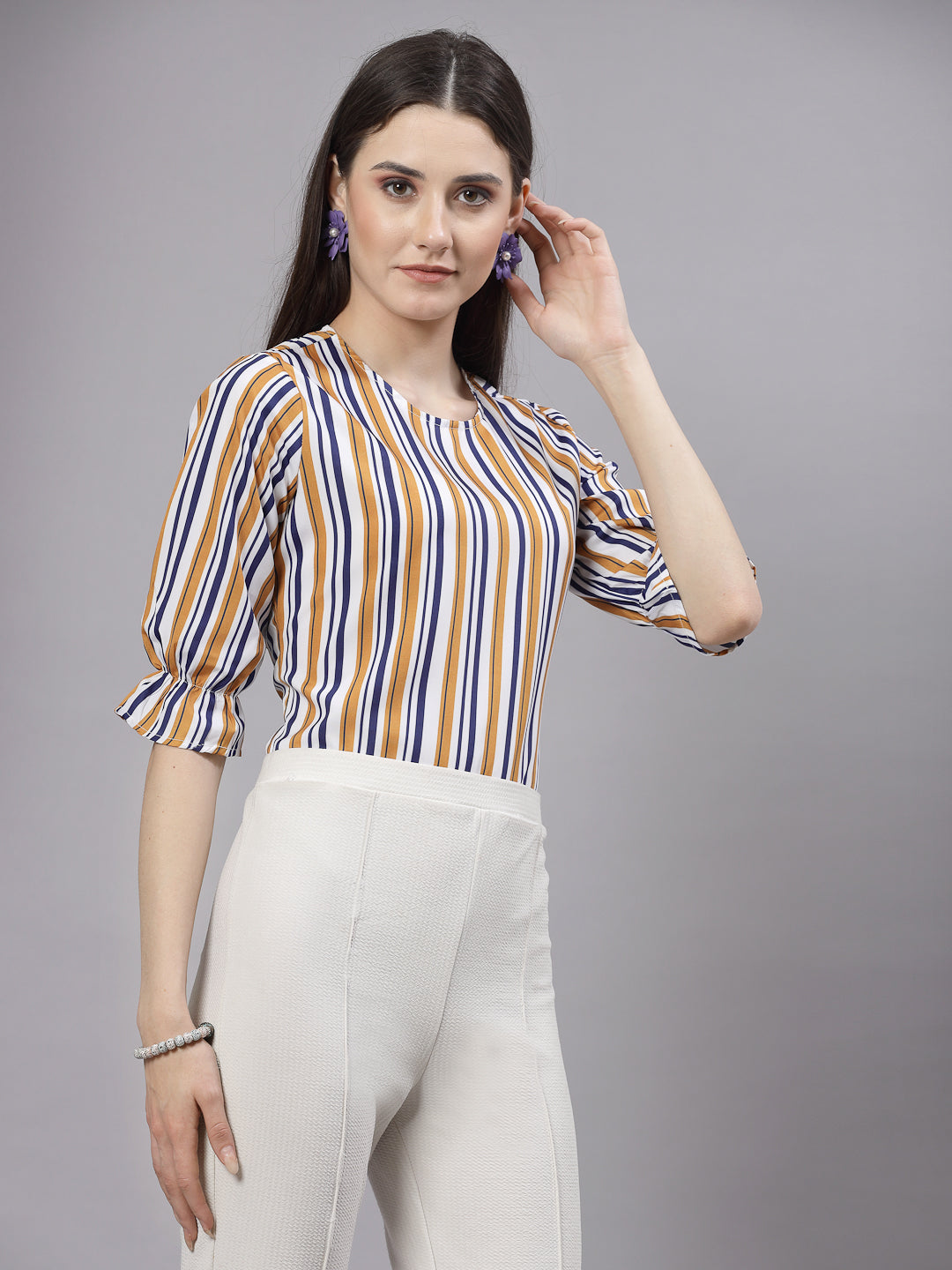 Style Quotient Women Mustard and Navy Striped Regular Casual Top