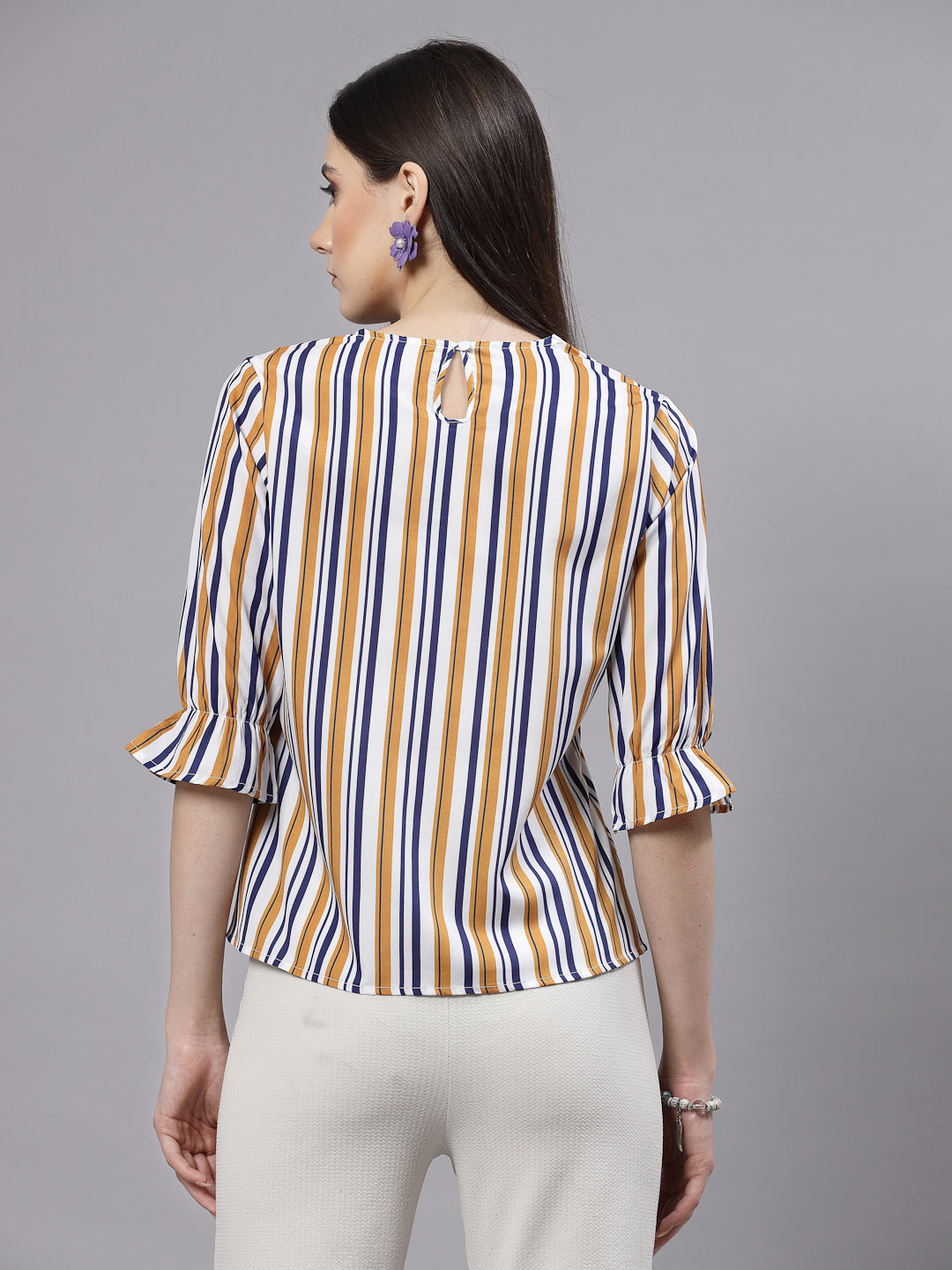 Style Quotient Women Mustard and Navy Striped Regular Casual Top