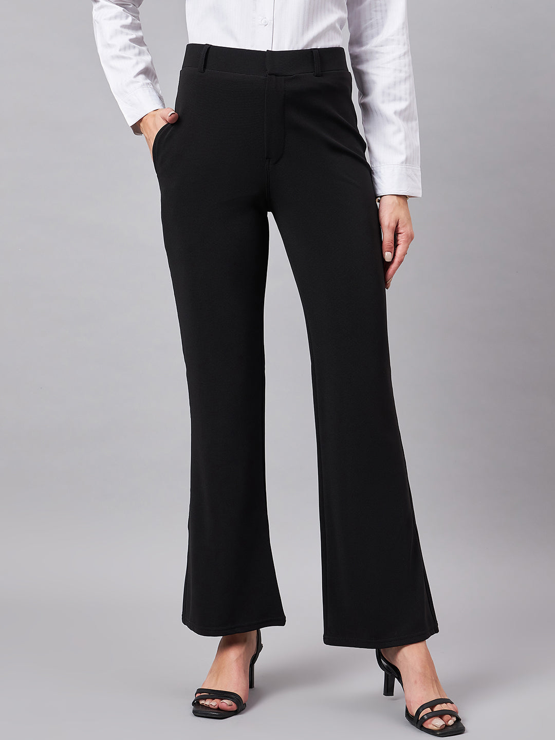 Style Quotient Women Solid Black Self Design Polyester Formal Trouser