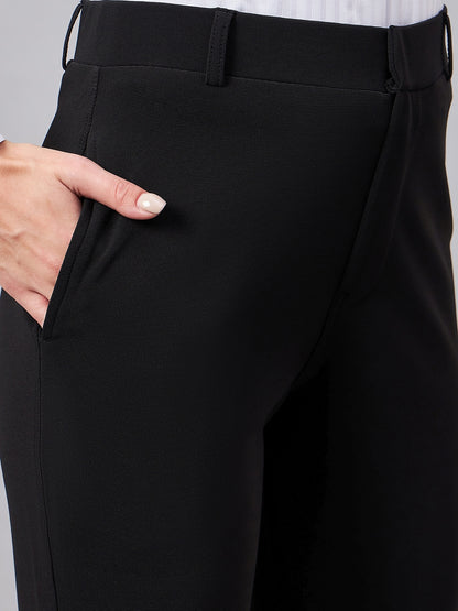 Style Quotient Women Solid Black Self Design Polyester Formal Trouser