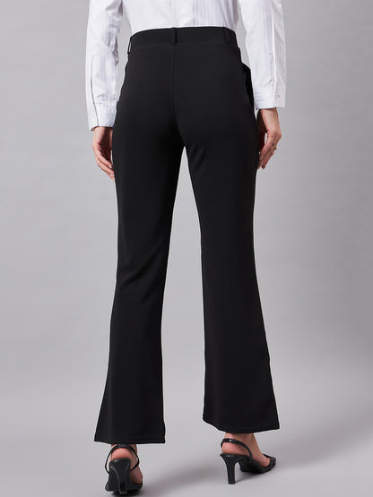 Style Quotient Women Solid Black Self Design Polyester Formal Trouser