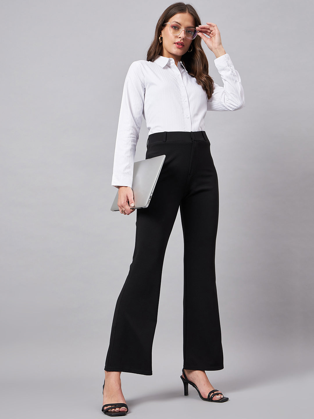 Style Quotient Women Solid Black Self Design Polyester Formal Trouser