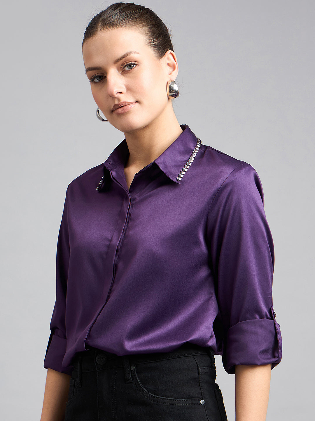 Style Quotient Women Formal Satin Wine Shirt