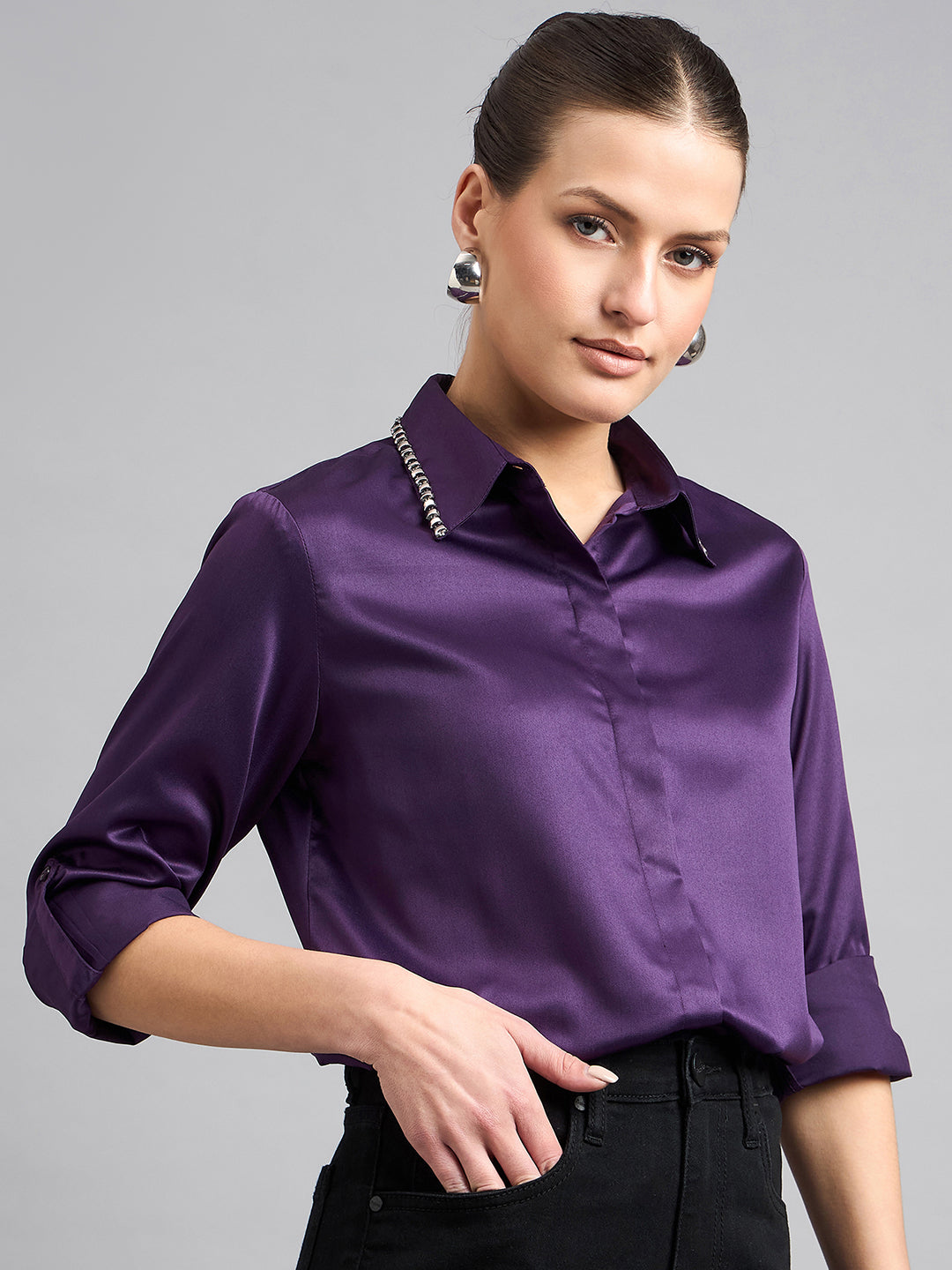 Style Quotient Women Formal Satin Wine Shirt