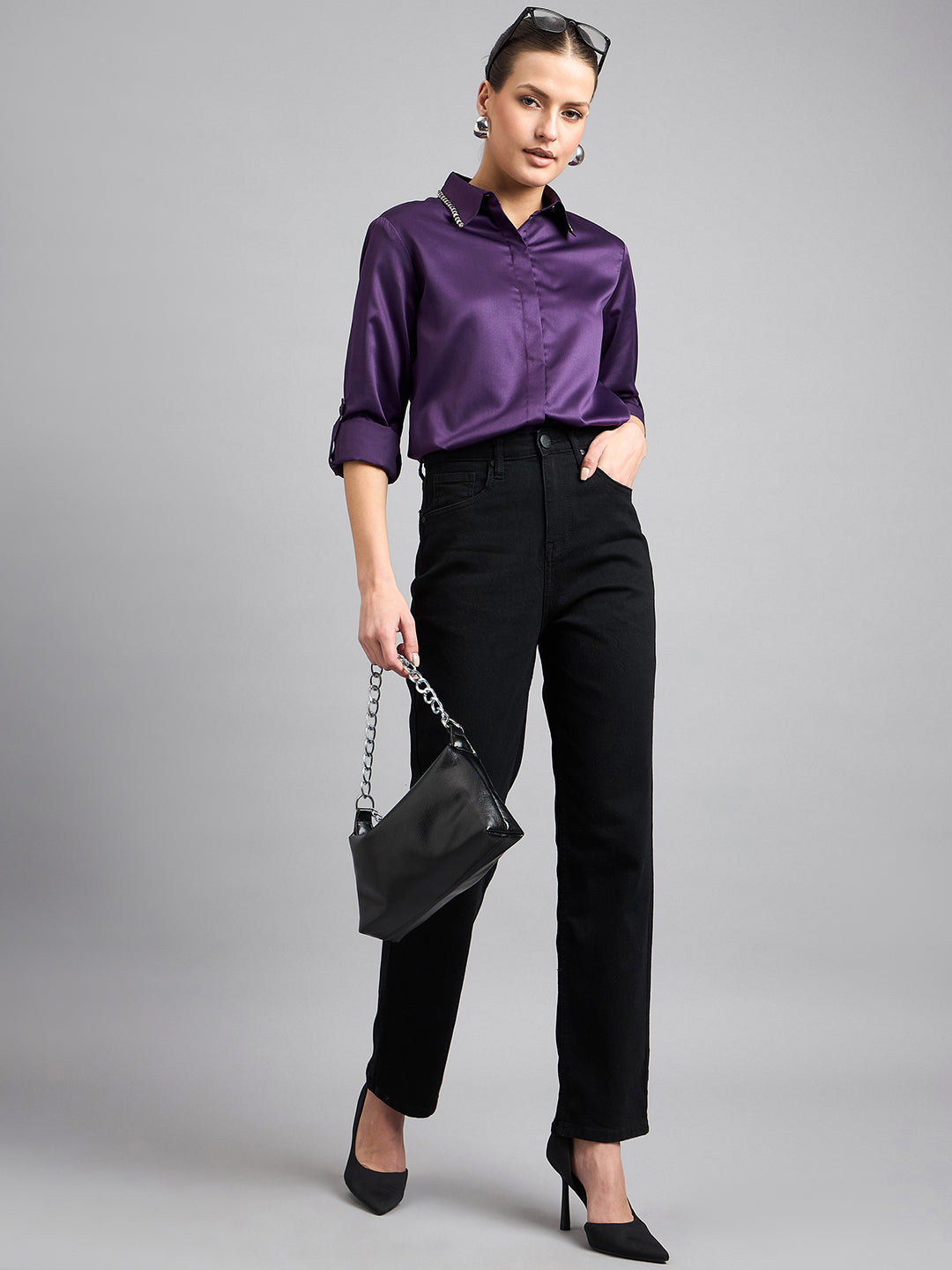 Style Quotient Women Formal Satin Wine Shirt