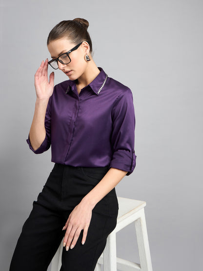 Style Quotient Women Formal Satin Wine Shirt