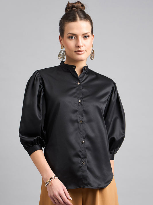 Style Quotient Women Solid Black Satin Regular Fit Party Shirt