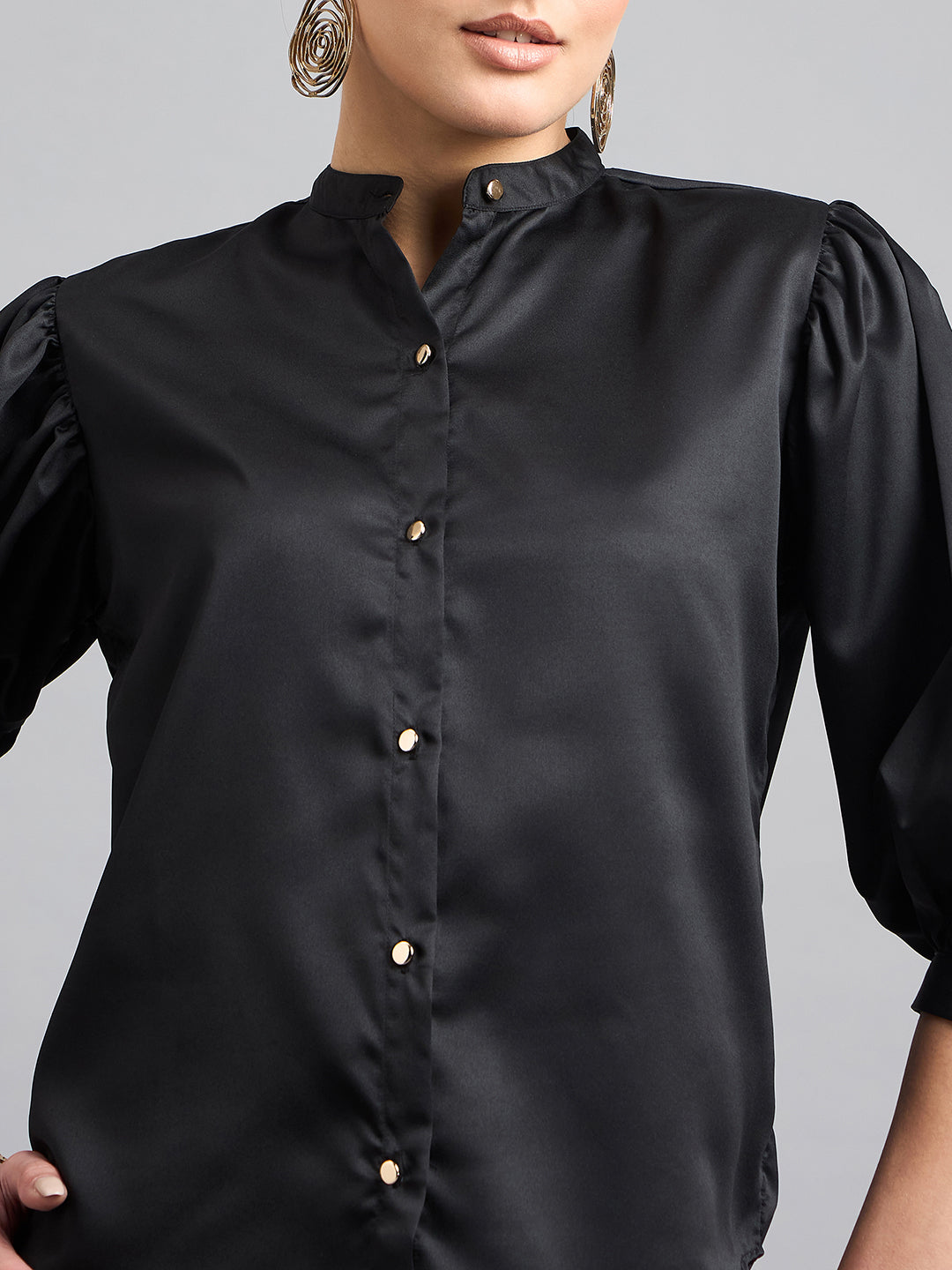 Style Quotient Women Solid Black Satin Regular Fit Party Shirt