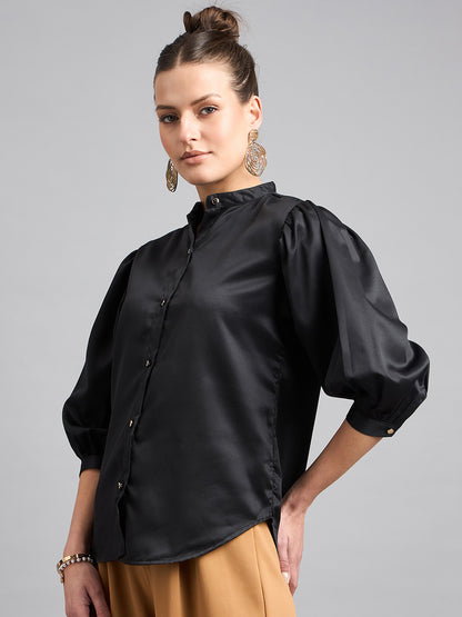 Style Quotient Women Solid Black Satin Regular Fit Party Shirt