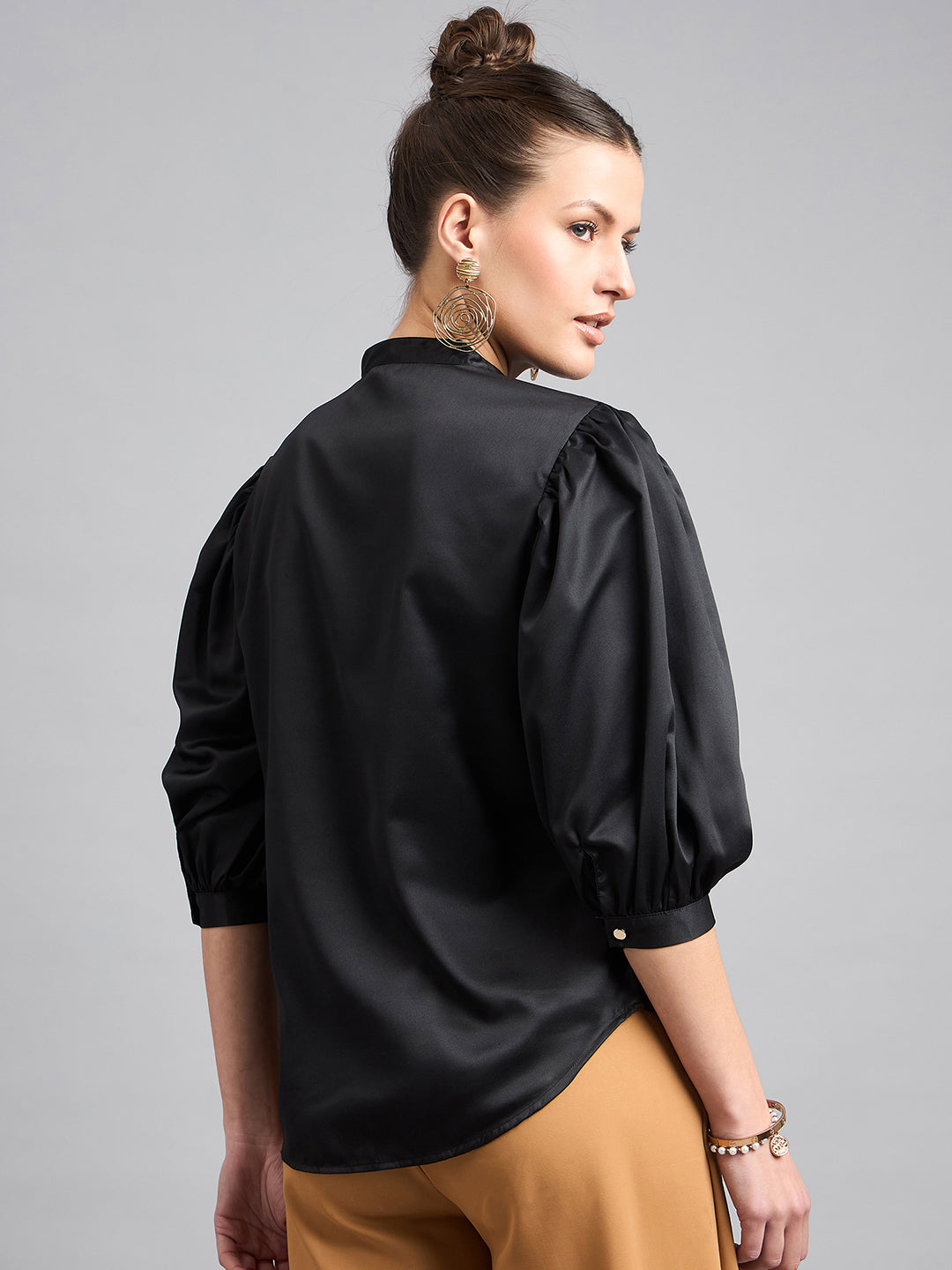 Style Quotient Women Solid Black Satin Regular Fit Party Shirt