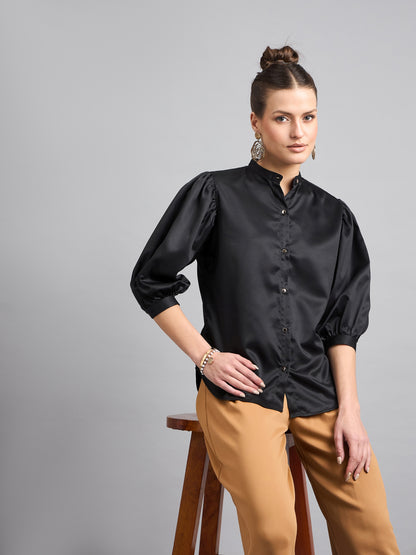 Style Quotient Women Solid Black Satin Regular Fit Party Shirt