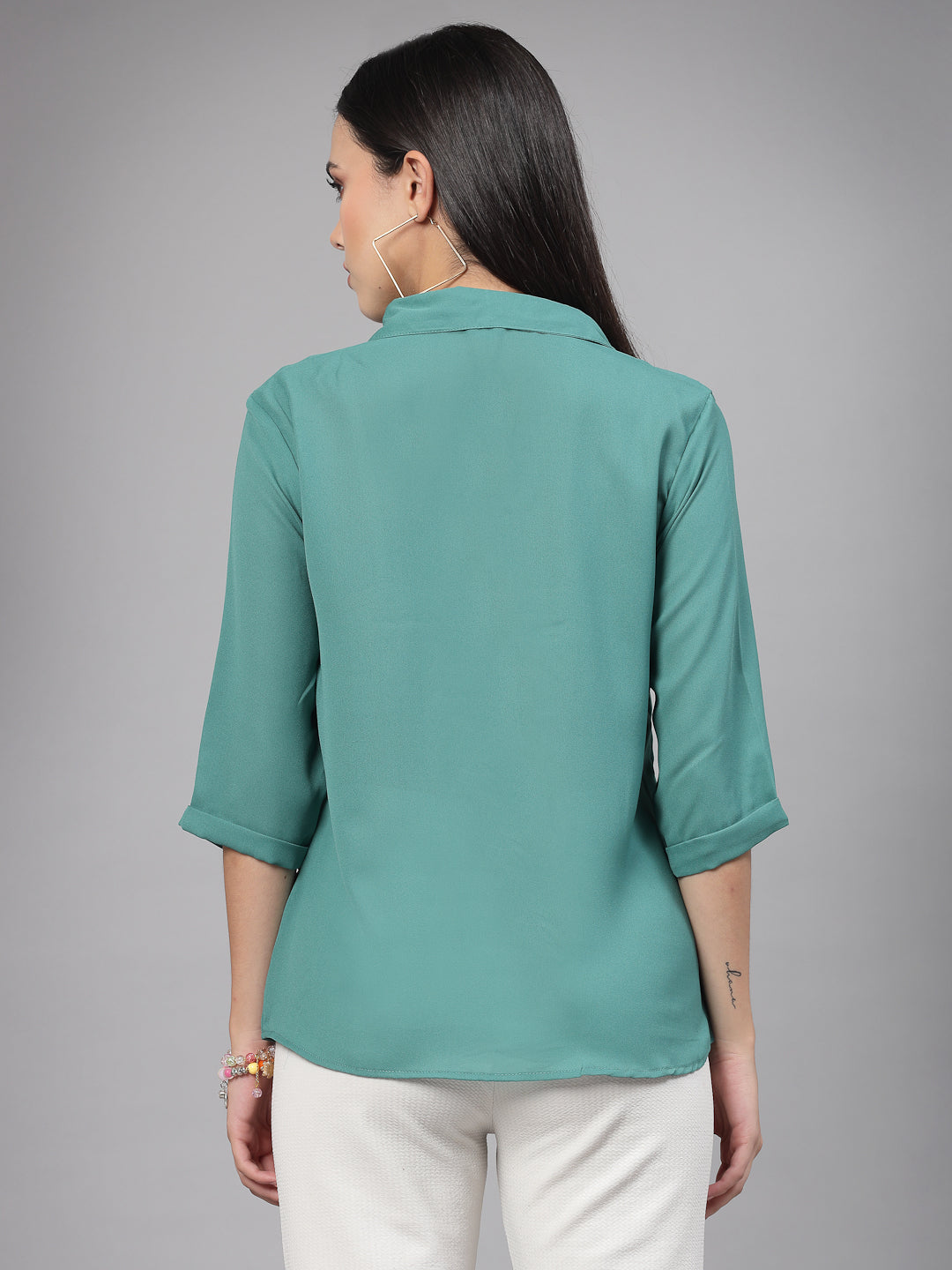 Style Quotient Women Solid Aqua Green Polycrepe Formal Shirt