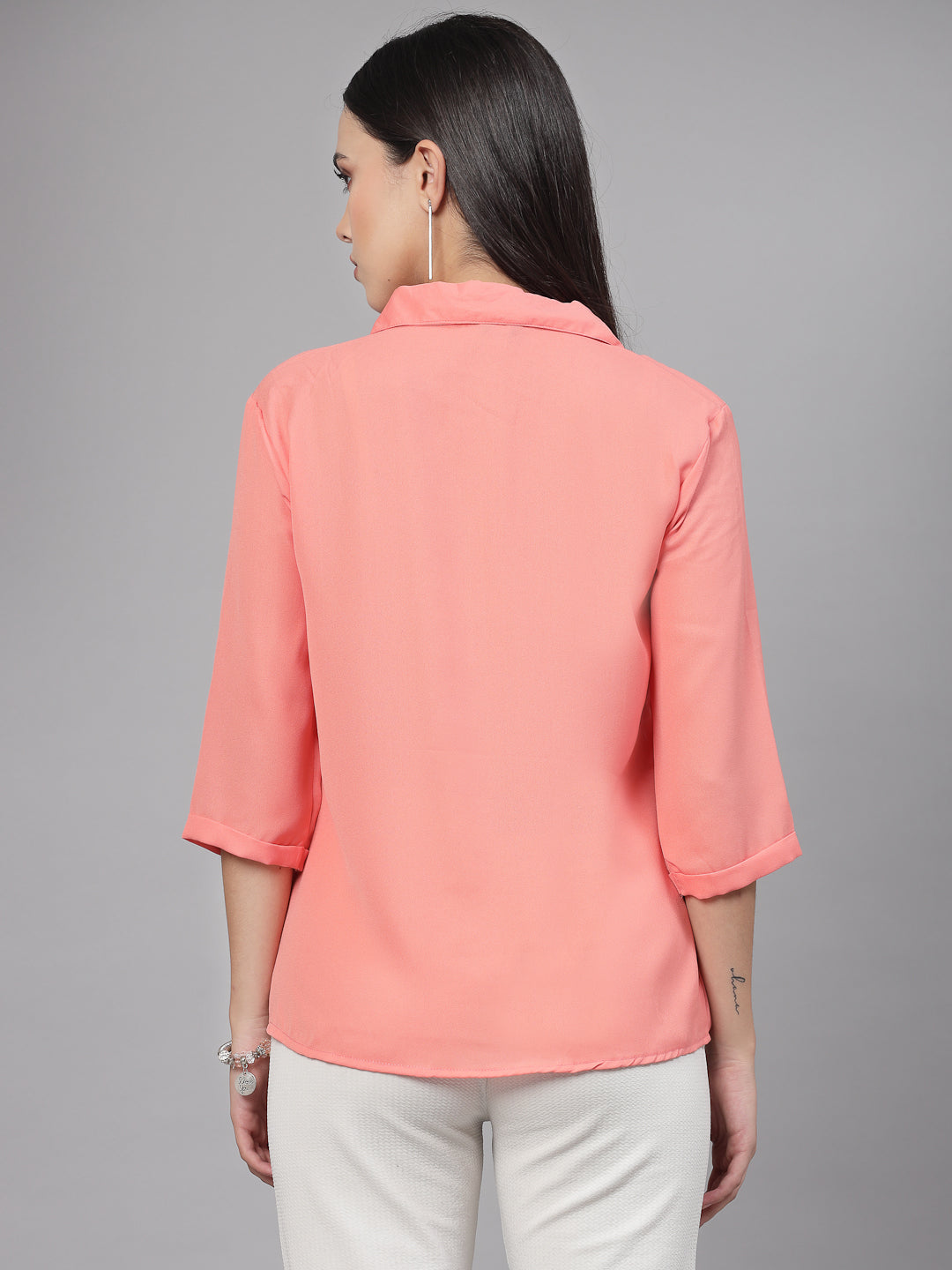 Style Quotient Women Solid Peach Polycrepe Formal Shirt