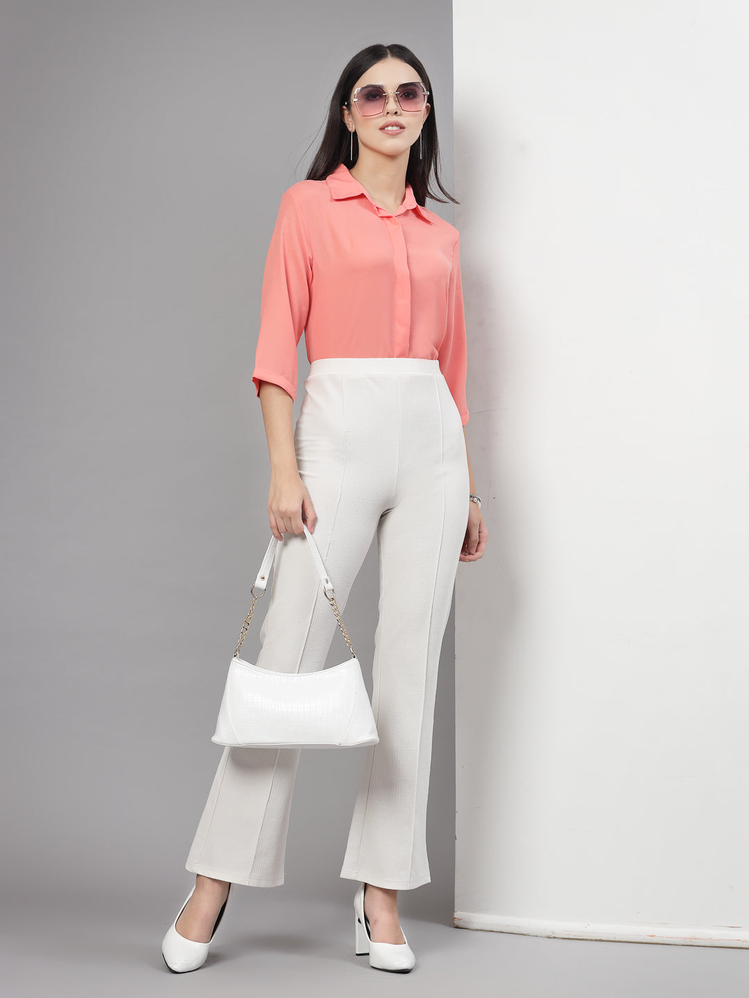 Style Quotient Women Solid Peach Polycrepe Formal Shirt