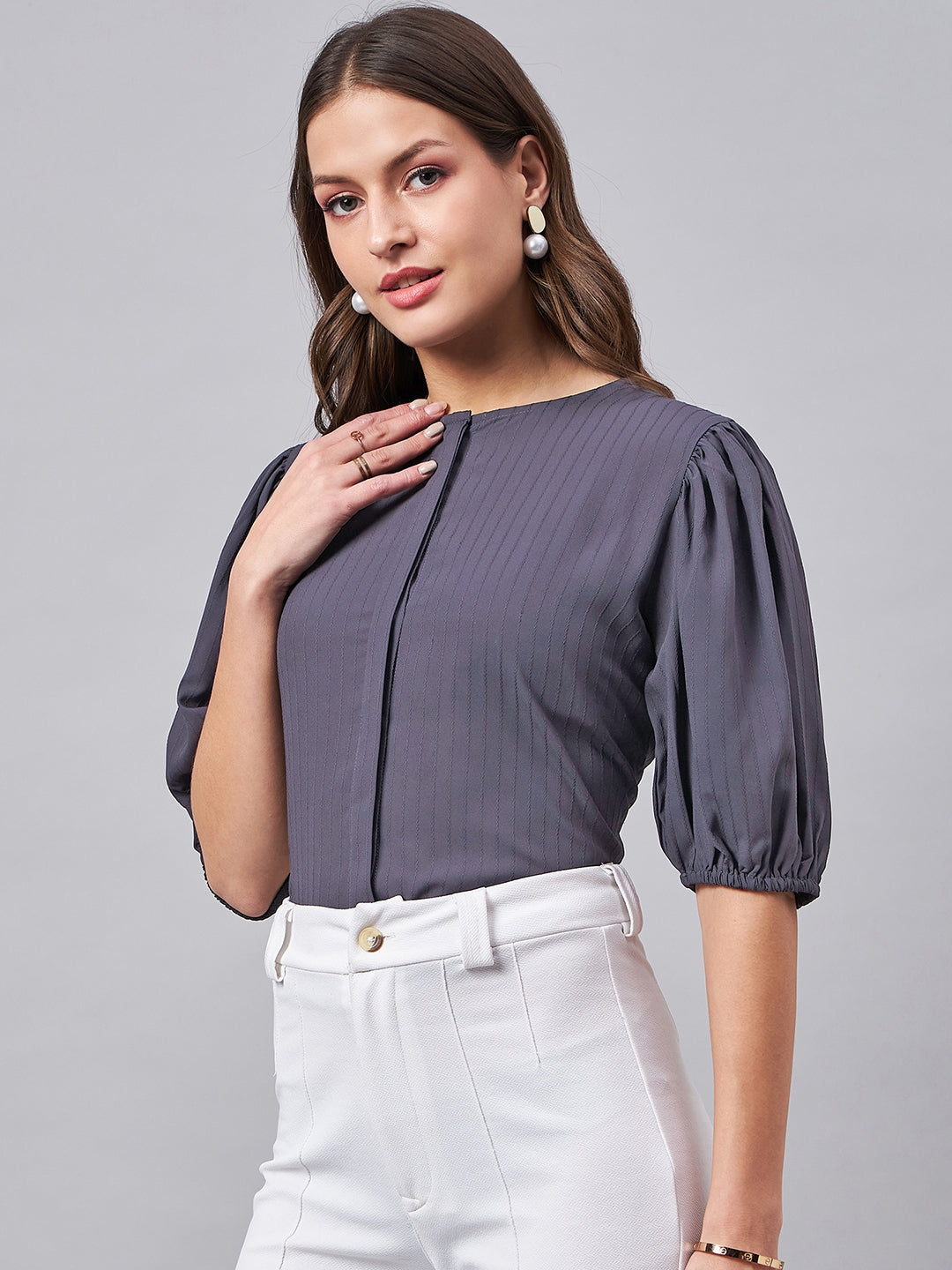 Style Quotient Women Charcoal Grey Self Design Regular Polyester Formal Shirt