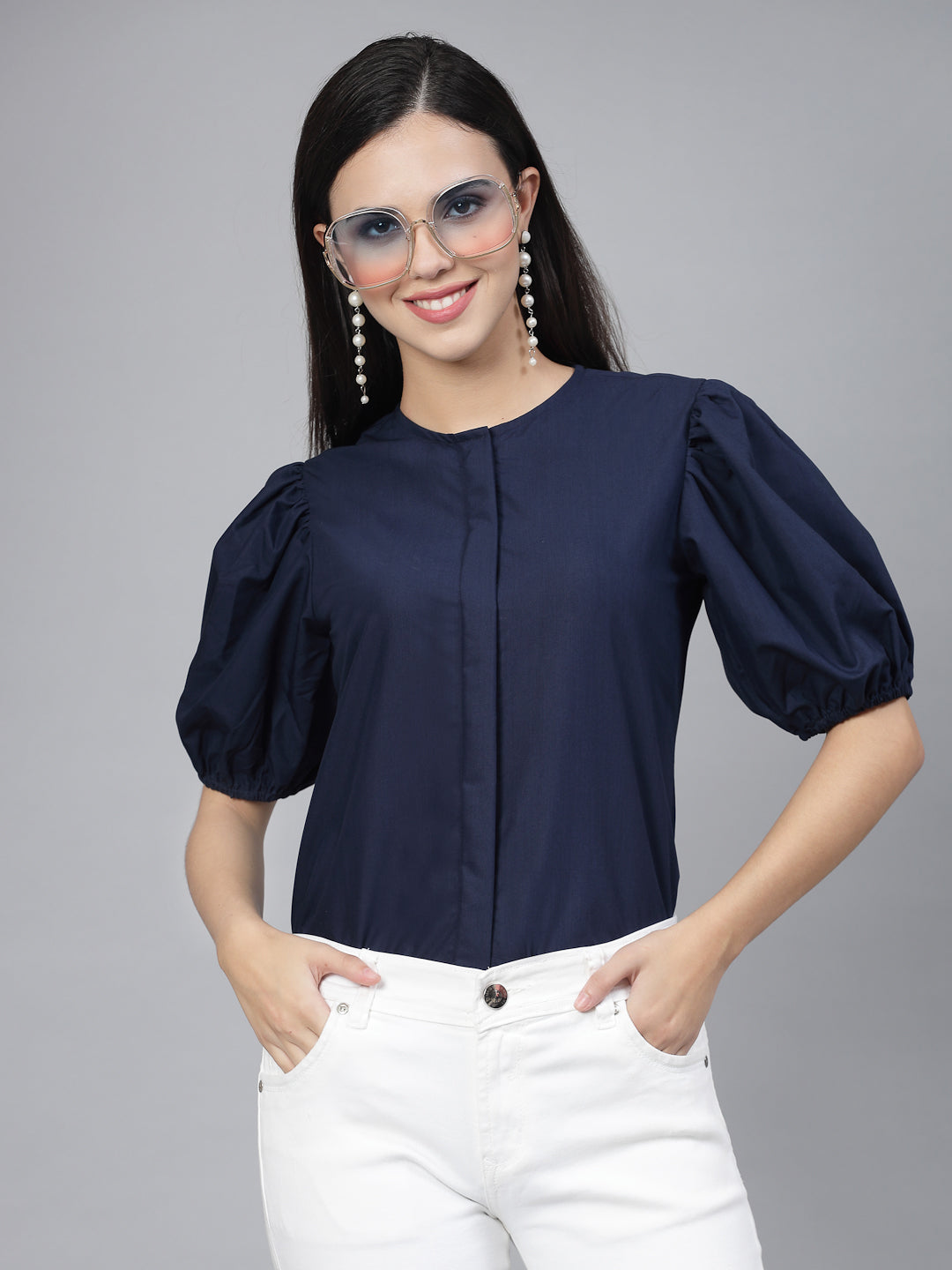 Style Quotient Women Solid Navy Polycotton Regular Formal Shirt