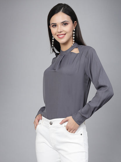 Style Quotient Women Solid Grey Polyester Cutout Smart Formal Top