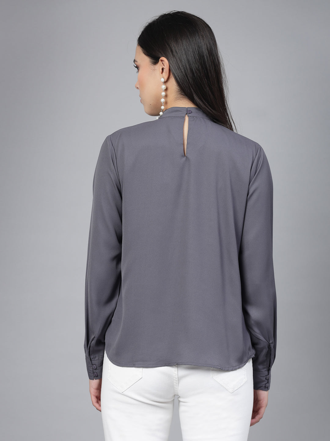 Style Quotient Women Solid Grey Polyester Cutout Smart Formal Top