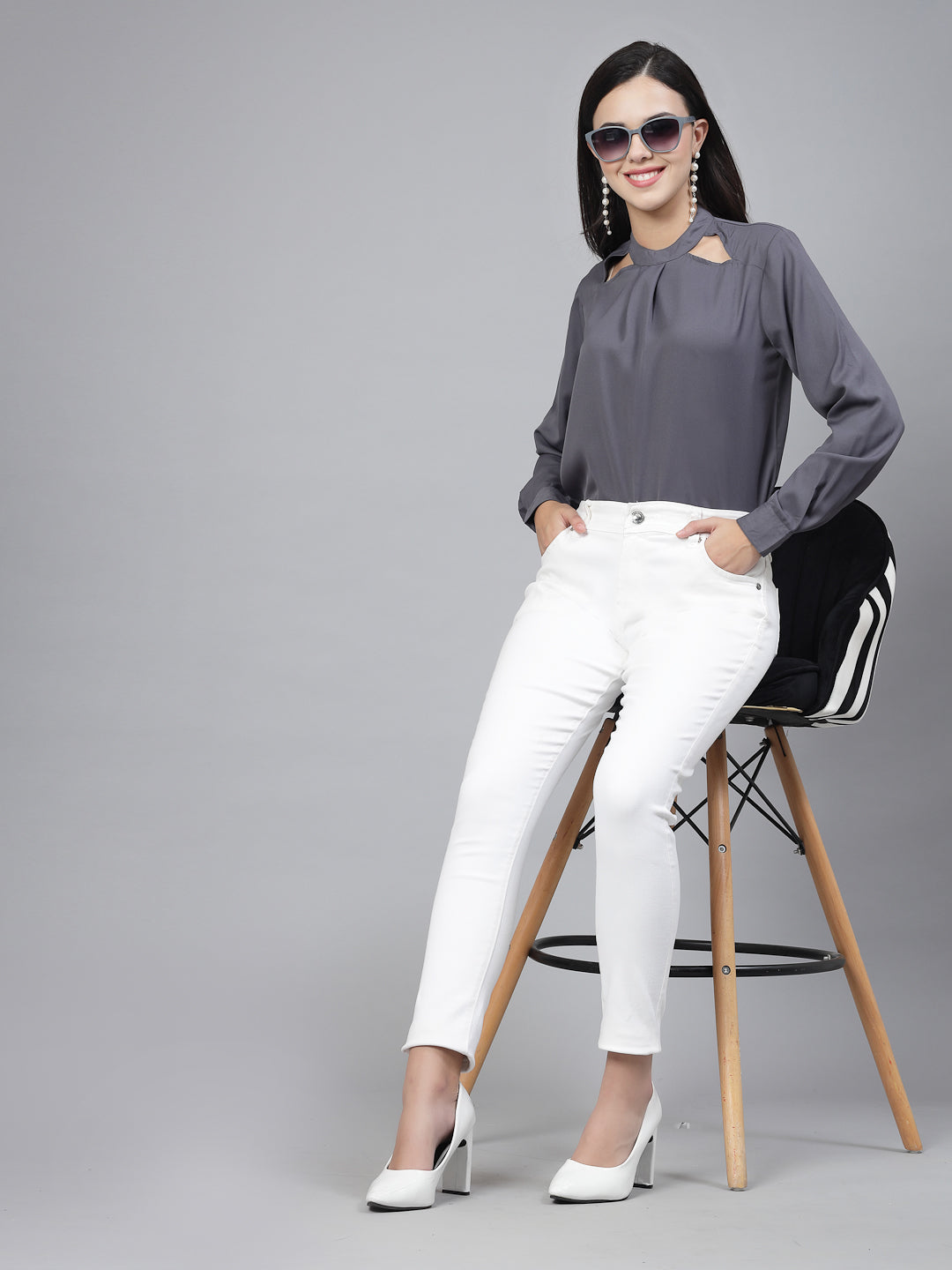 Style Quotient Women Solid Grey Polyester Cutout Smart Formal Top