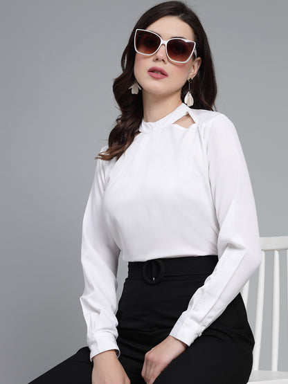 Style Quotient Women Solid White Polyester Cutout Smart Formal Top