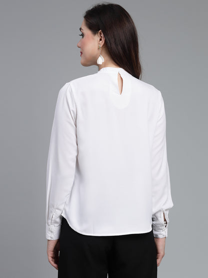 Style Quotient Women Solid White Polyester Cutout Smart Formal Top